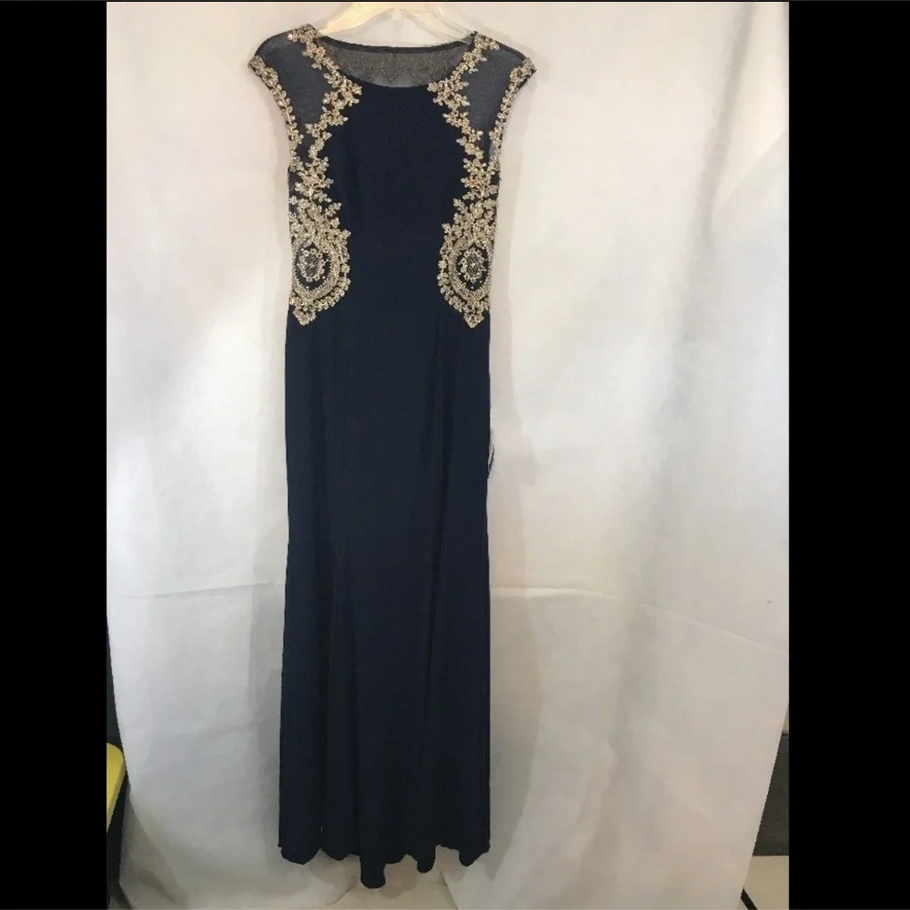 NEW‎ XSCAPE Embellished Jersey Gown in Navy/Gold [SZ 4 ]